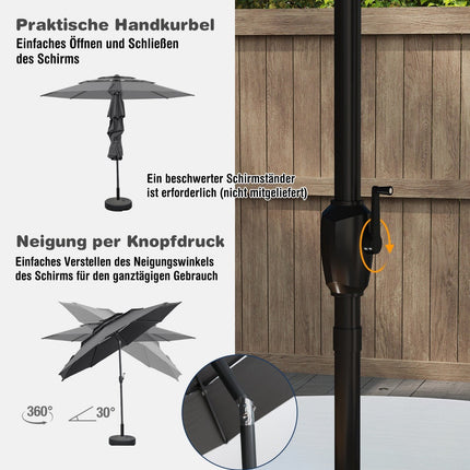 Wind-Resistant Patio Umbrella, 300 cm, Crank Tilt, Grey