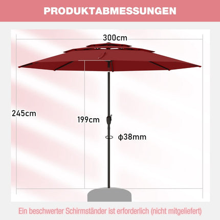Wind-Resistant Patio Umbrella, 300 cm, Tilt & Crank, Red