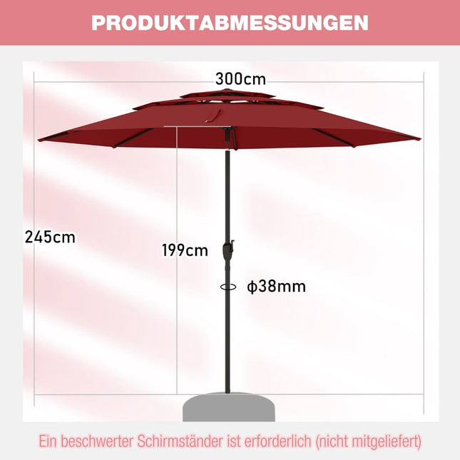 Wind-Resistant Patio Umbrella, 300 cm, Tilt & Crank, Red
