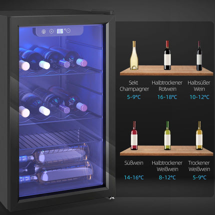 Wine Cooler, 24 Bottles, 68L, 4–16C, Glass Door, Black