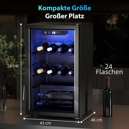 Wine Cooler, 24 Bottles, 68L, 4–16C, Glass Door, Black