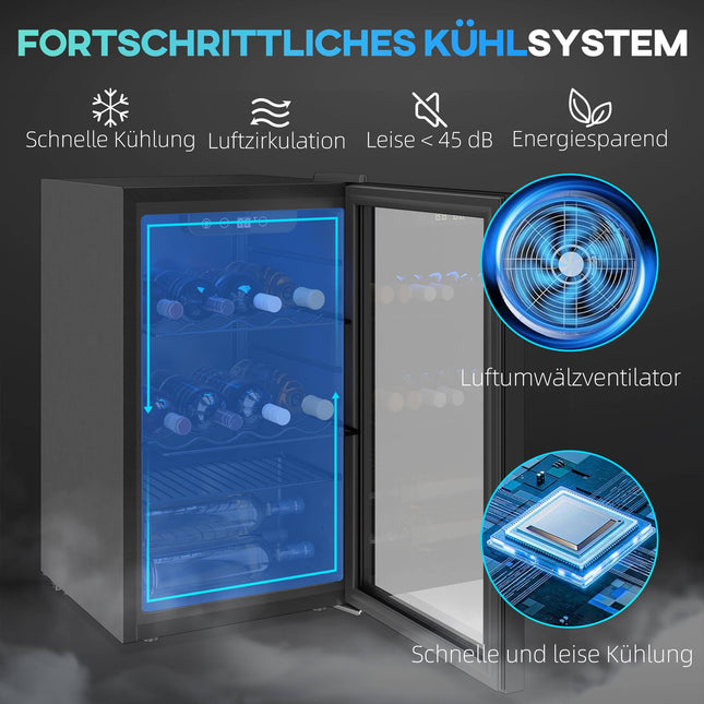 Wine Cooler, 24 Bottles, 68L, 4–16C, Glass Door, Black