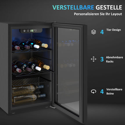 Wine Cooler, 24 Bottles, 68L, 4–16C, Glass Door, Black