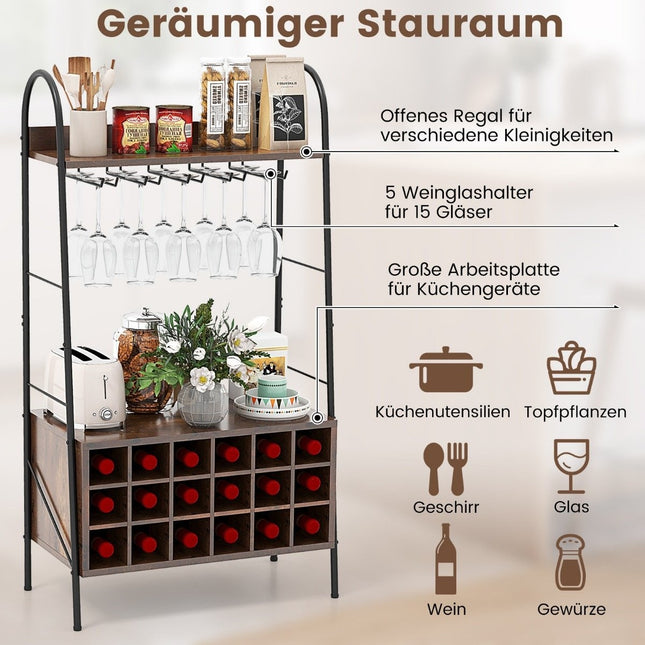 Wine Rack Bottle Rack for 18 Bottles Wine Stand with 5 Wine Glass Holders 63 x 32 x 114.5 cm Rustic Brown