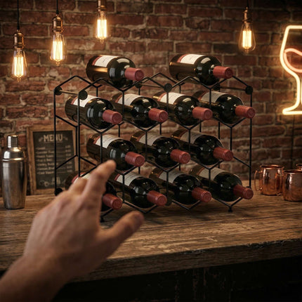 Wine Rack for 13 Bottles, Metal, Adjustable Feet, Black