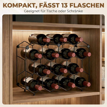Wine Rack for 13 Bottles, Metal, Adjustable Feet, Black