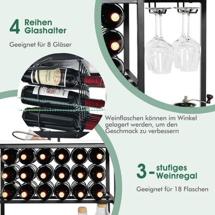 Wine rack with glass holder & shelves 3 levels bottle rack for 18 wine bottles & 8 glasses 120 x 40 x 91 cm white