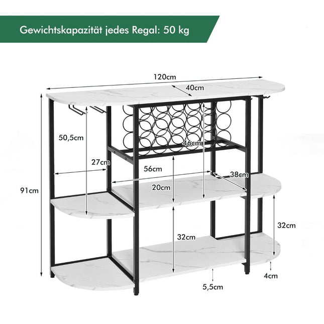 Wine rack with glass holder & shelves 3 levels bottle rack for 18 wine bottles & 8 glasses 120 x 40 x 91 cm white