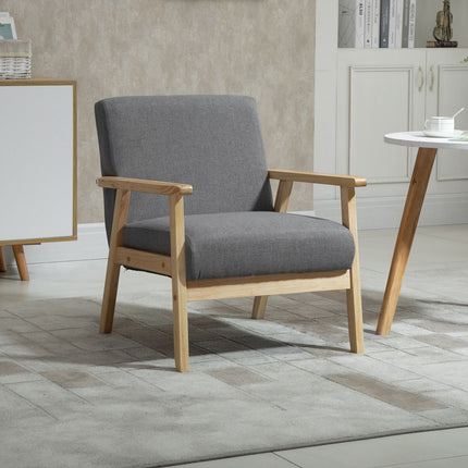 Gray upholstered wing chair - solid wood, linen finish