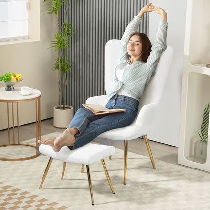 White Wing Chair with Stool - Sherpa Cover, High Back