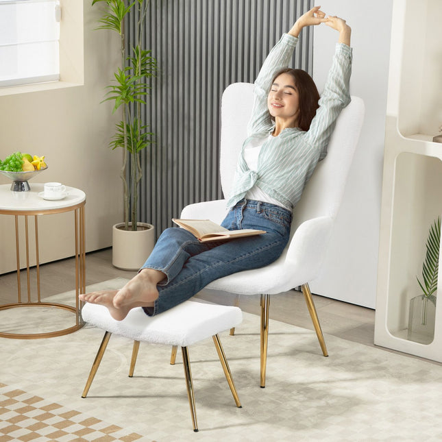 White Wing Chair with Stool - Sherpa Cover, High Back