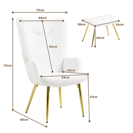 White Wing Chair with Stool - Sherpa Cover, High Back