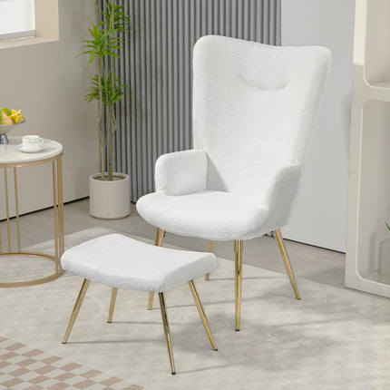 White Wing Chair with Stool - Sherpa Cover, High Back