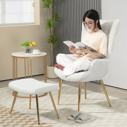 White Wing Chair with Stool - Sherpa Cover, High Back