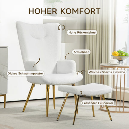 White Wing Chair with Stool - Sherpa Cover, High Back