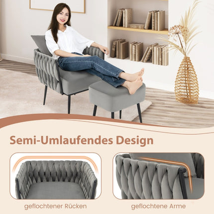 Wing chair with stool armchair with soft cushion braided backrest 58 cm seat depth gray
