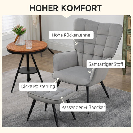 Lounge Wingback chair and stool, velvet look, light grey