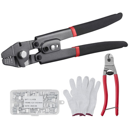 Wire Rope Crimping Tool Kit, 2.2mm, Cutter, 160 Sleeves