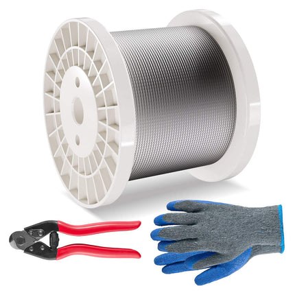 Wire Rope Kit, 316 Stainless Steel, 1/8 in x 600 ft, 7x7, Cutter, Gloves