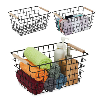 Wire baskets with wooden handles 3-pack