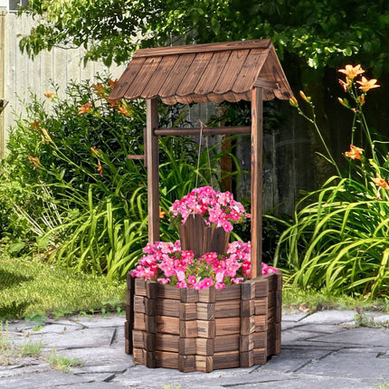 Wishing well for outdoors, wooden fountain, bucket, flower pot, flower pot with roof