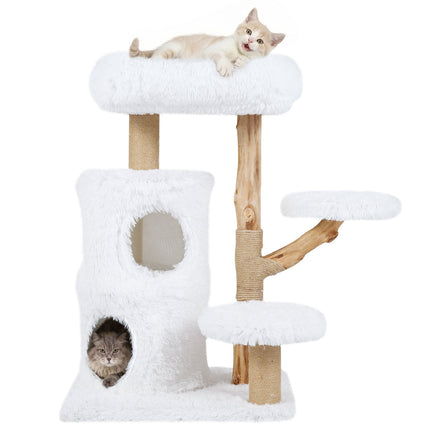 Wood Cat Tree with Plush Platforms & 2-Level Cat House