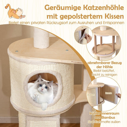 Wood Cat Tree with Sisal Posts, Condo, Ladder – 143 cm
