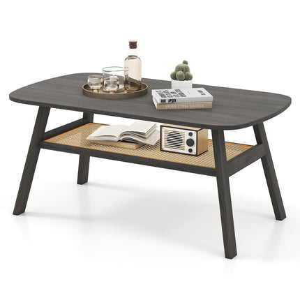 Wood Coffee Table with Rattan Shelf, 2-Tier, 100x55x44.5 cm