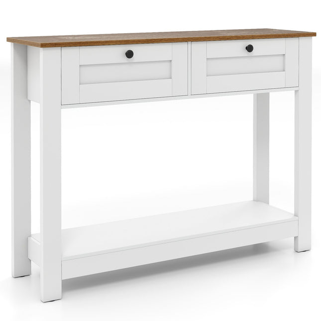 Wood Console Table with 2 Drawers and Shelves, White