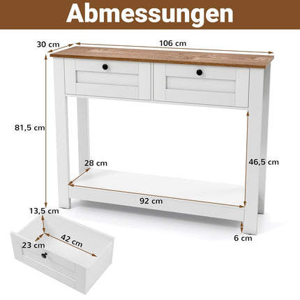 Wood Console Table with 2 Drawers and Shelves, White