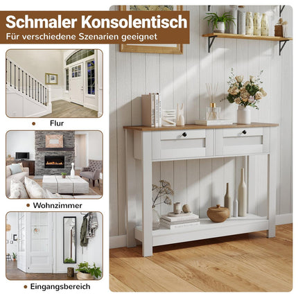 Wood Console Table with 2 Drawers and Shelves, White