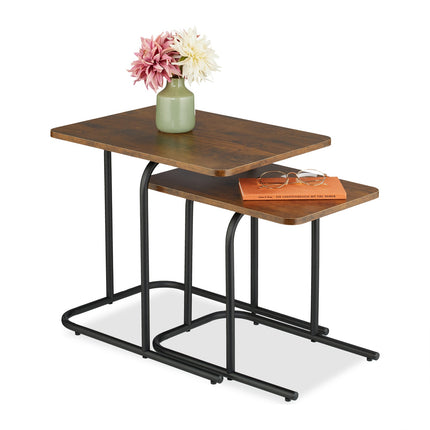 Wood Effect Nesting Tables, Set of 2, Black Metal Legs
