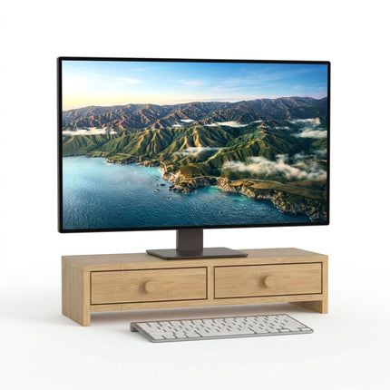 Wood Monitor Riser with 2 Drawers, 12.5 x 47 x 18 cm