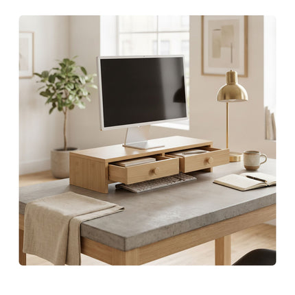 Wood Monitor Riser with 2 Drawers, 12.5 x 47 x 18 cm