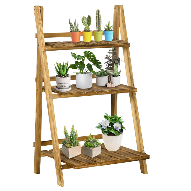 Wood Plant Stand, 3-Tier Folding, Dark Brown, Indoor/Outdoor