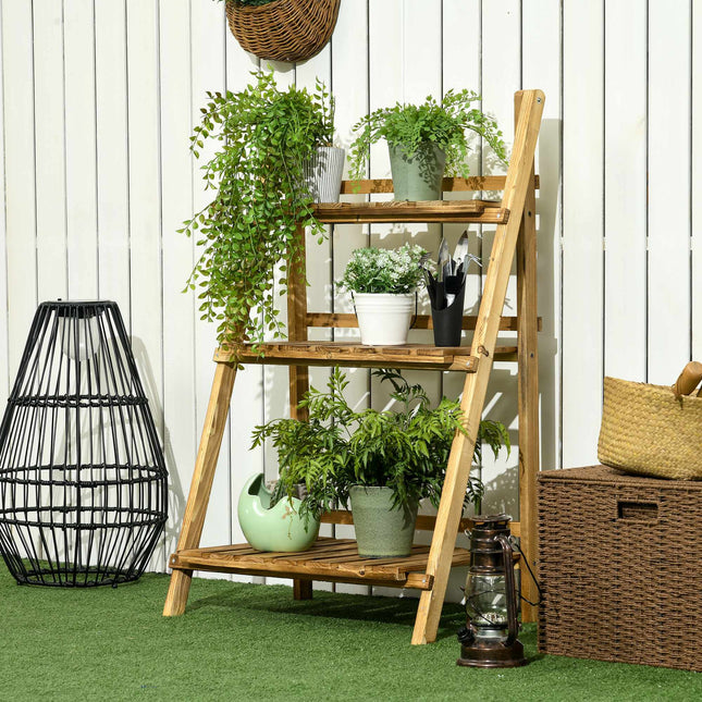 Wood Plant Stand, 3-Tier Folding, Dark Brown, Indoor/Outdoor