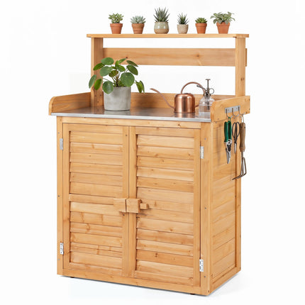 Wood Plant Workstation with Stainless Steel Top, Shelves