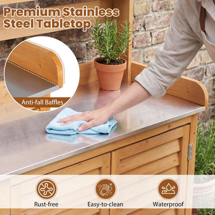 Wood Plant Workstation with Stainless Steel Top, Shelves