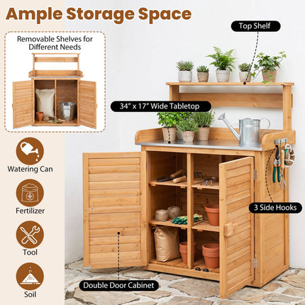 Wood Plant Workstation with Stainless Steel Top, Shelves