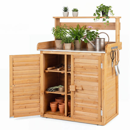 Wood Plant Workstation with Stainless Steel Top, Shelves