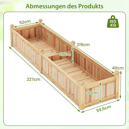 Wood Raised Garden Bed with Divider, Drainage, 227x59.5x40 cm