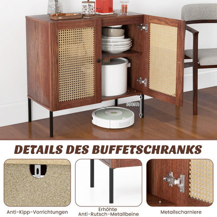 Wood Sideboard with Rattan Doors & Adjustable Shelves
