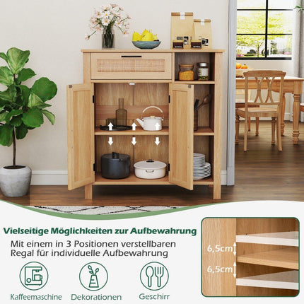 Wood Sideboard with Rattan Doors & Drawers, Adjustable Shelves