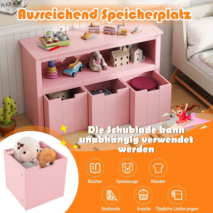Wood Storage Cabinet with Drawers and Wheels, 101x33x62 cm, Pink