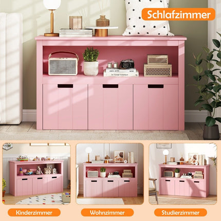 Wood Storage Cabinet with Drawers and Wheels, 101x33x62 cm, Pink