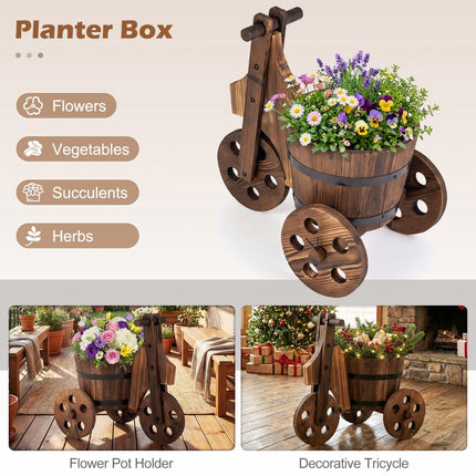 Wood Tricycle Planter Cart – Fir Barrel With Drainage Hole