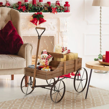 Wood Wagon Planter With Wheels, 2 Planting Sections