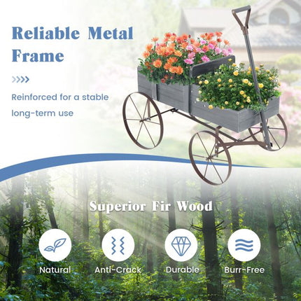 Wood Wagon Planter With Wheels, 2 Sections, Grey