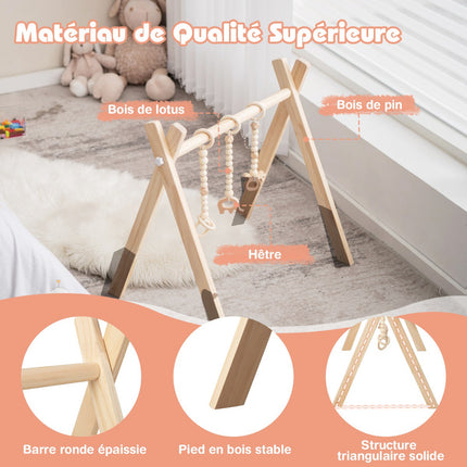 Wooden Baby Gym, Foldable, 3 Hanging Toys, 60x44x60 cm