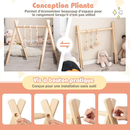 Wooden Baby Gym, Foldable, 3 Hanging Toys, 60x44x60 cm
